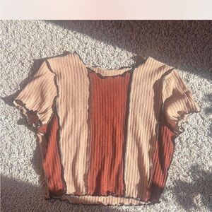 SHEIN Tan and Orange Ribbed Crop Blouse